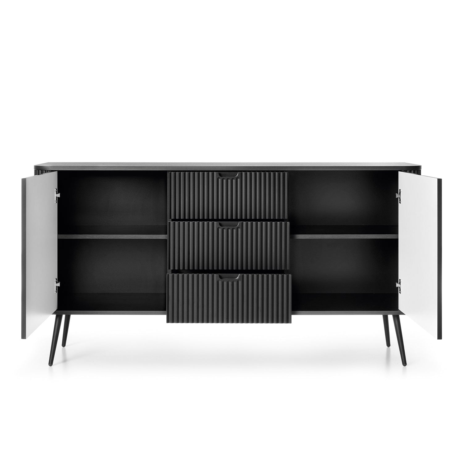 Signe Ribbed Elegant Sideboard - Black / Black Legs