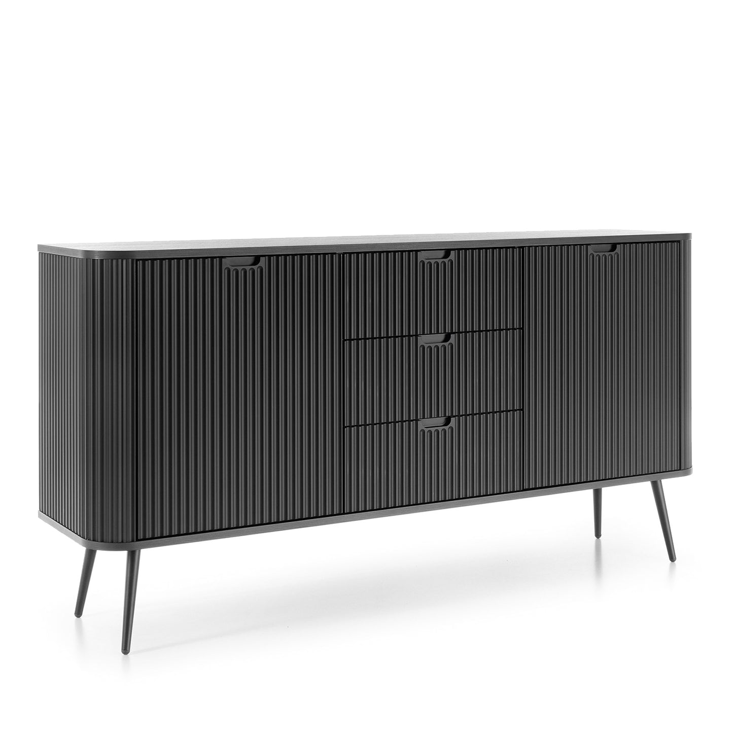 Signe Ribbed Elegant Sideboard - Black / Black Legs