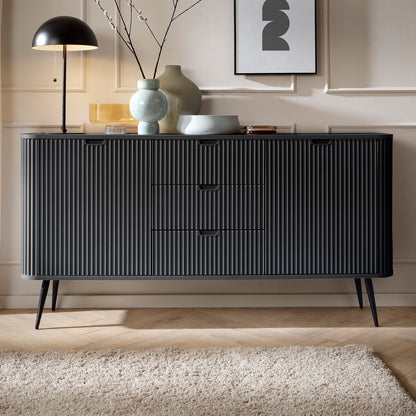 Signe Ribbed Elegant Sideboard - Black / Black Legs