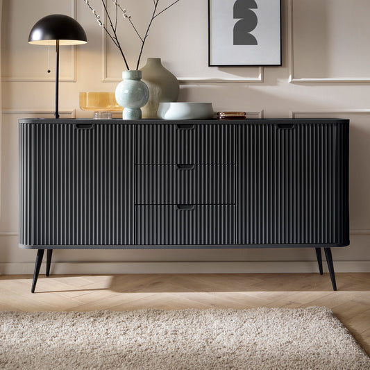 Signe Ribbed Elegant Sideboard - Black / Black Legs