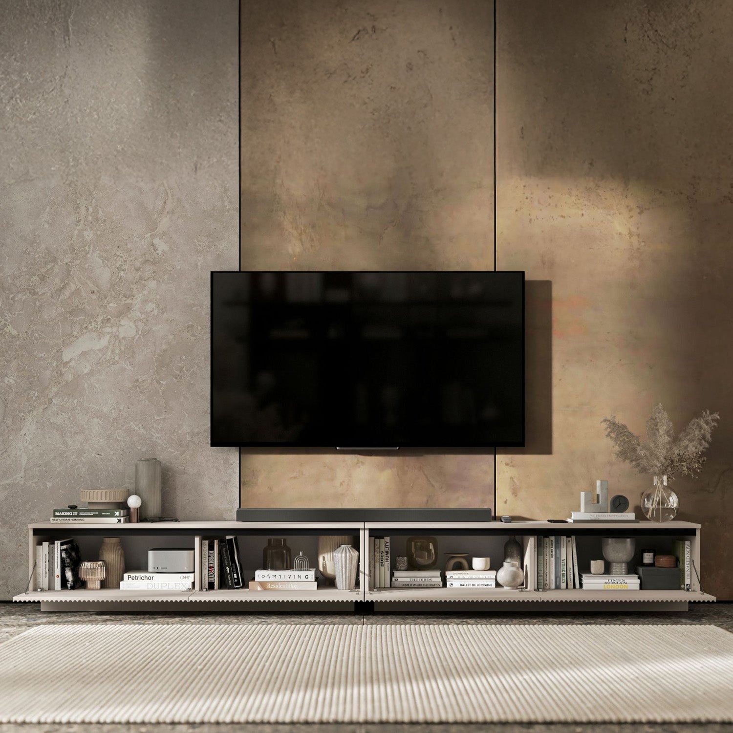 Selene Modern Ribbed-Texture Wide Stand TV Unit with Storage - Cashmere