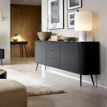 Signe Ribbed Elegant Sideboard - Black / Black Legs