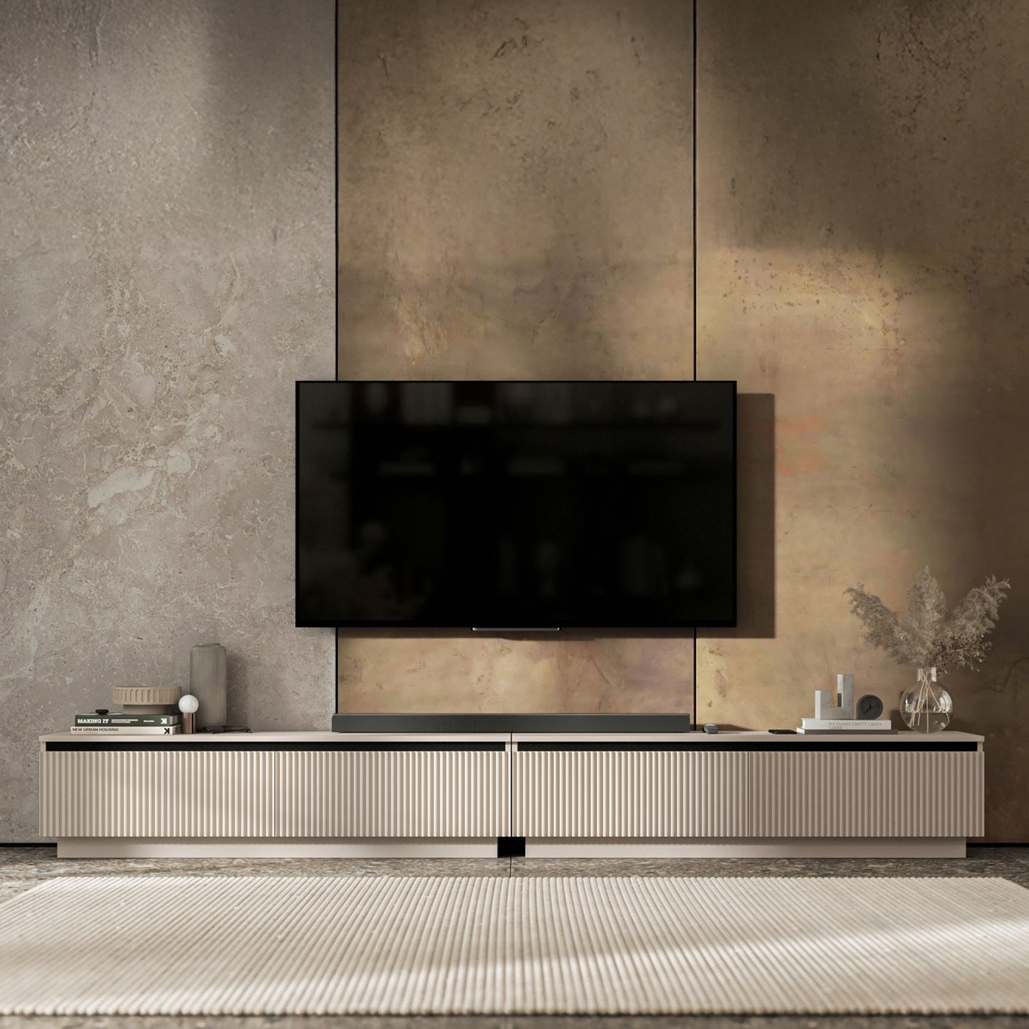 Selene Modern Ribbed-Texture Wide Stand TV Unit with Storage - Cashmere