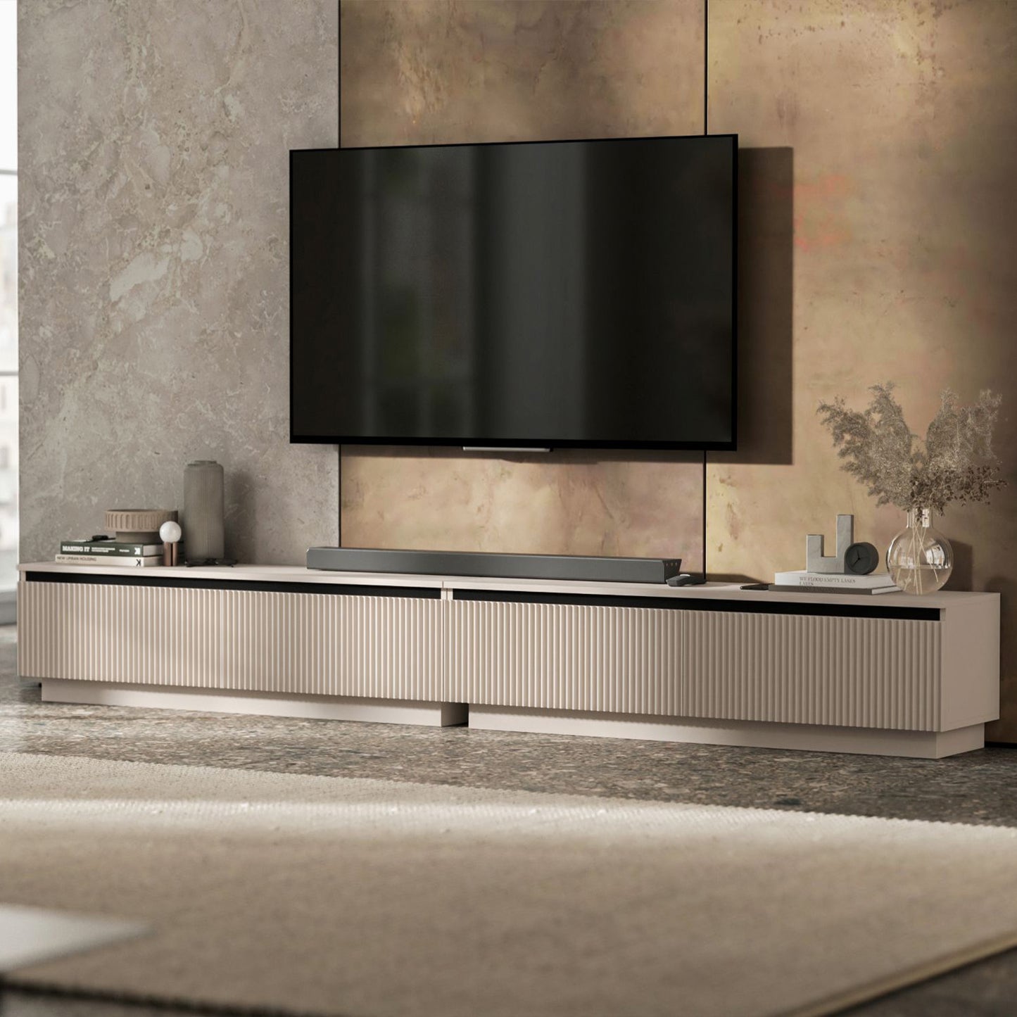 Selene Modern Ribbed-Texture Wide Stand TV Unit with Storage - Cashmere