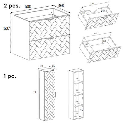 Trend Herringbone Pattern Door Bathroom Cabines Vanity Units Set with Worktop 120cm & 35cm - Cashmere