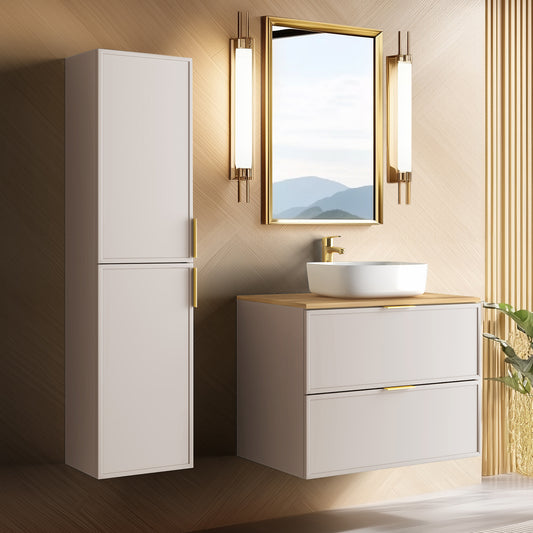 Simple Modern 2 Cabinets Set Vanity Unit 80cm with Worktop & Tall Cabinet 136cm - Cashmere