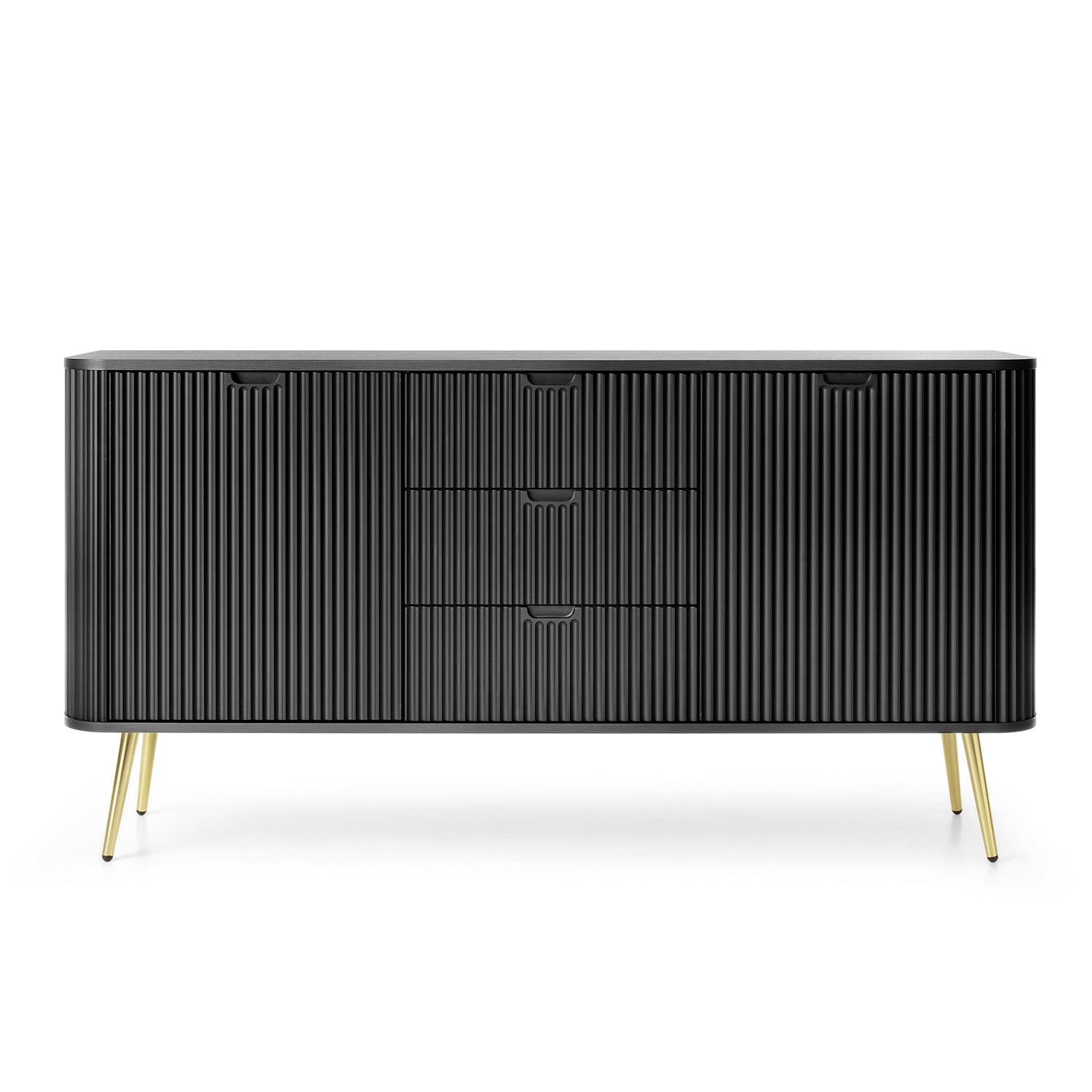 Signe Ribbed Elegant Sideboard - Black / Gold Legs