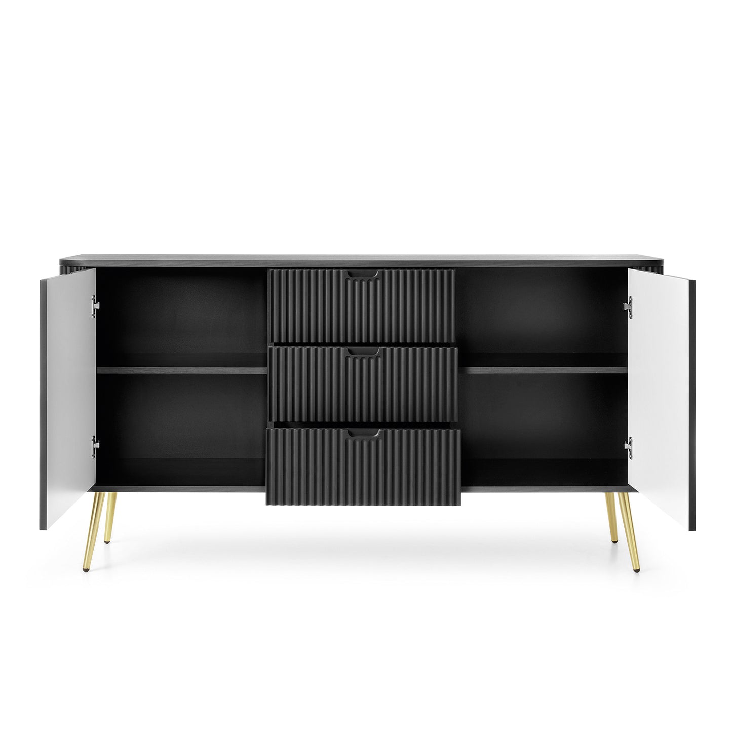 Signe Ribbed Elegant Sideboard - Black / Gold Legs