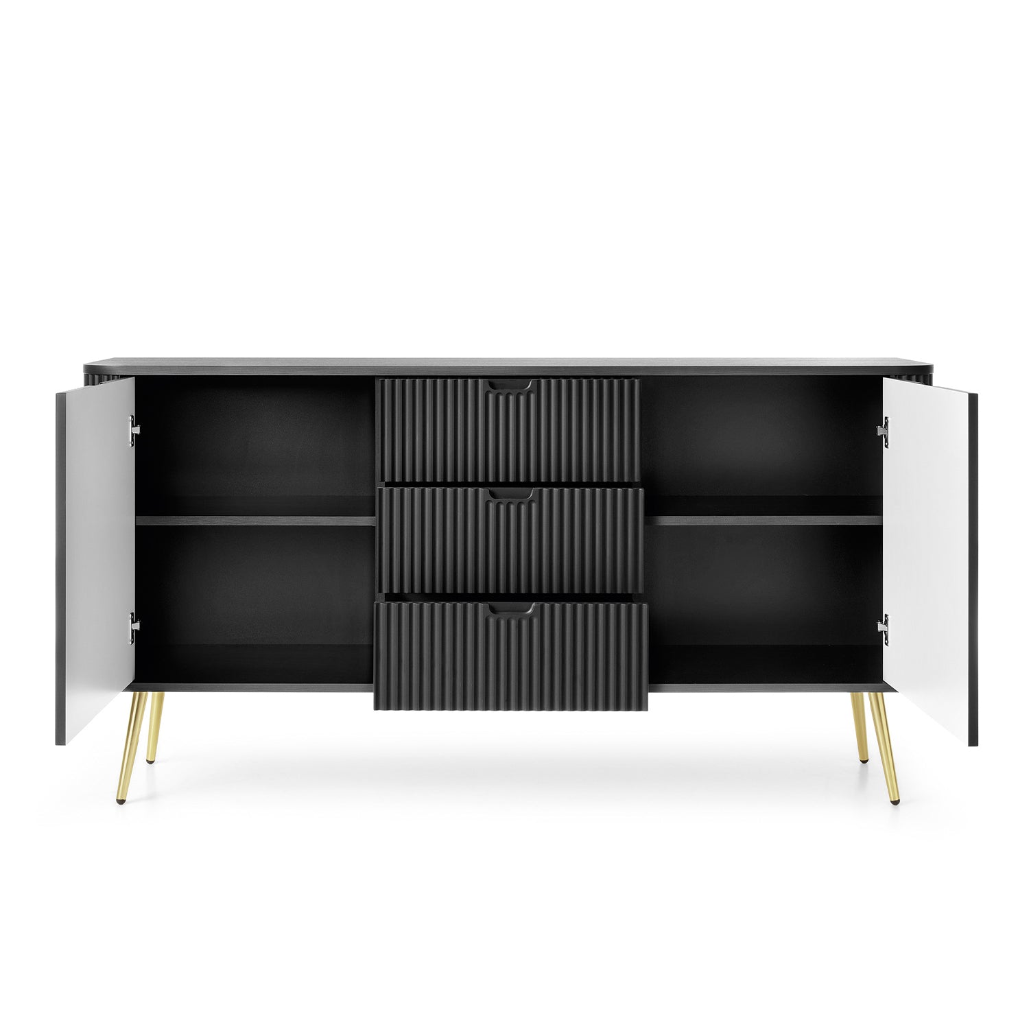 Signe Ribbed Elegant Sideboard - Black / Gold Legs