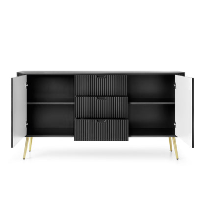 Signe Ribbed Elegant Sideboard - Black / Gold Legs
