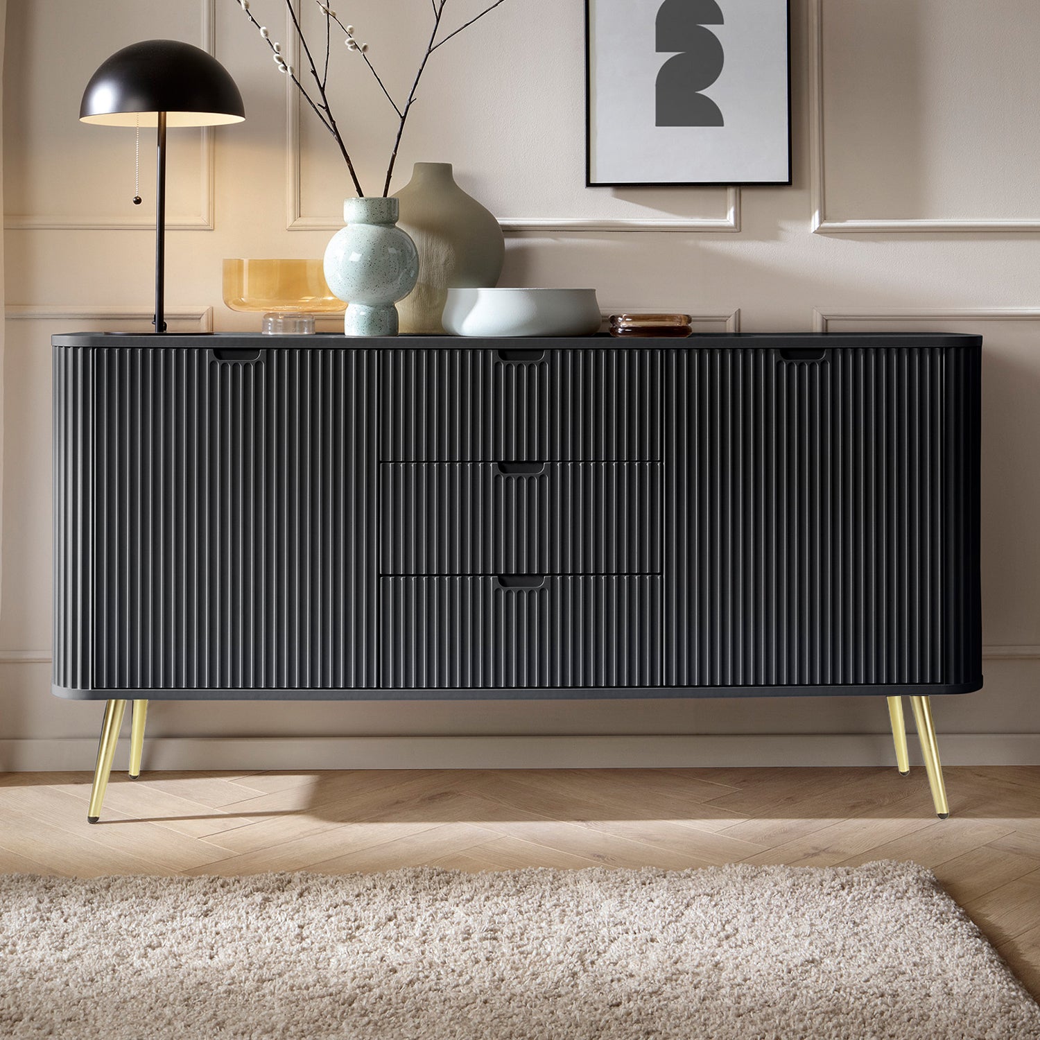 Signe Ribbed Elegant Sideboard - Black / Gold Legs