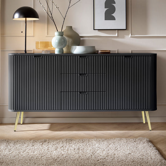 Signe Ribbed Elegant Sideboard - Black / Gold Legs