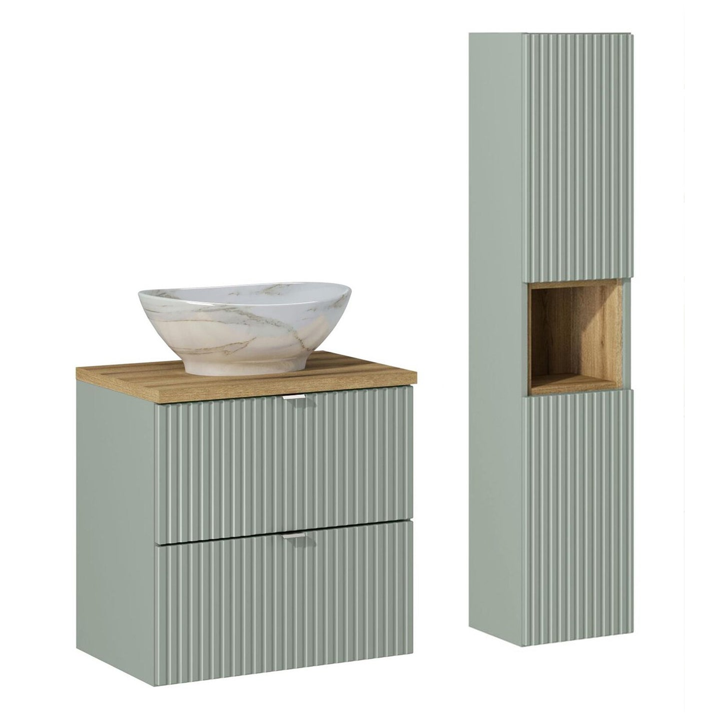 Line Reed Bathroom Wall Mounted 60cm Vanity Unit Set with Tall Cabinet and Worktop Basin - Sage / Oak