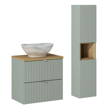 Line Reed Bathroom Wall Mounted 60cm Vanity Unit Set with Tall Cabinet and Worktop Basin - Sage / Oak