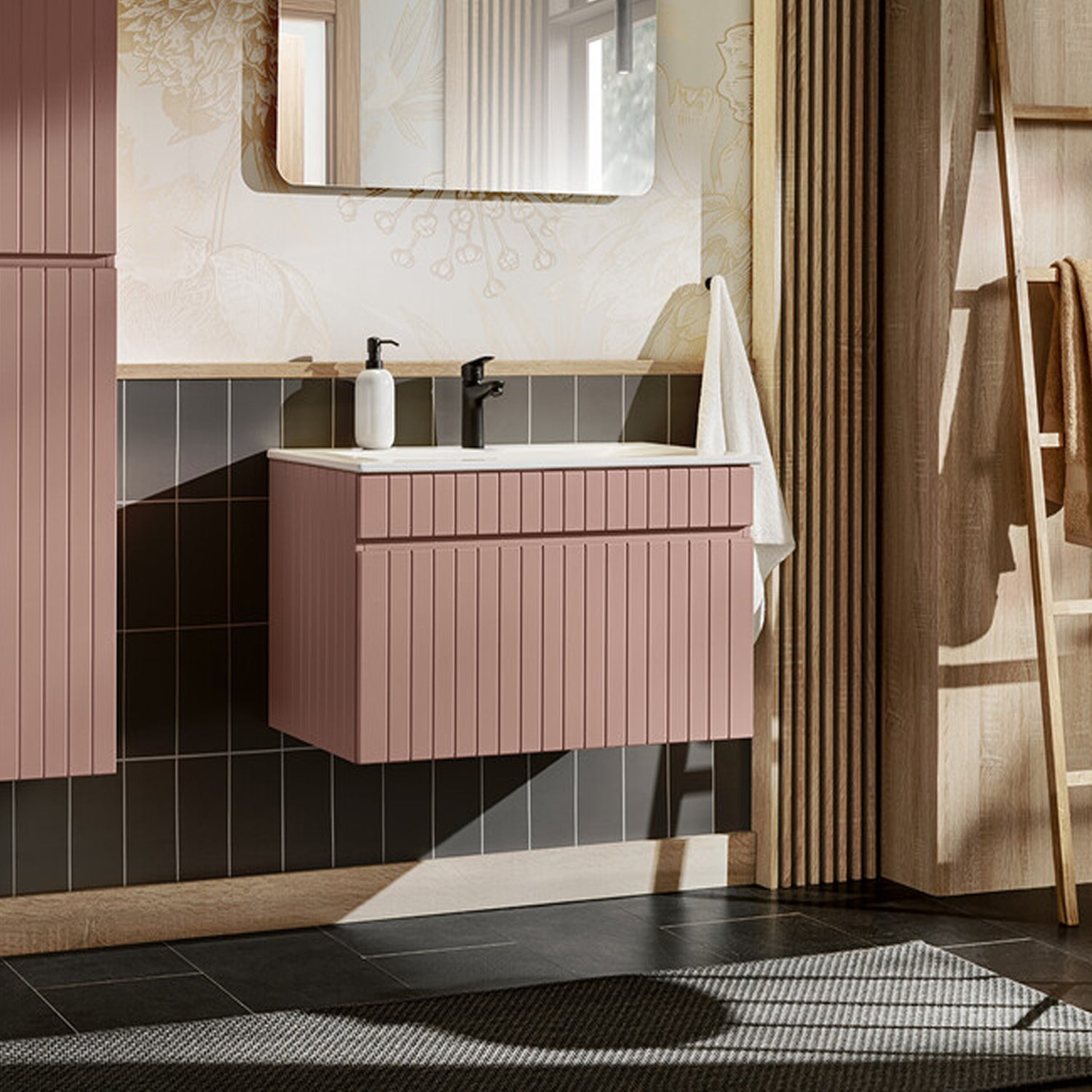 Iconic 60cm 1 Drawer Wall Mounted Bathroom Cabinet Vanity Unit with Built-In Basin - Rose