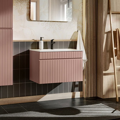 Iconic 60cm 1 Drawer Wall Mounted Bathroom Cabinet Vanity Unit with Built-In Basin - Rose
