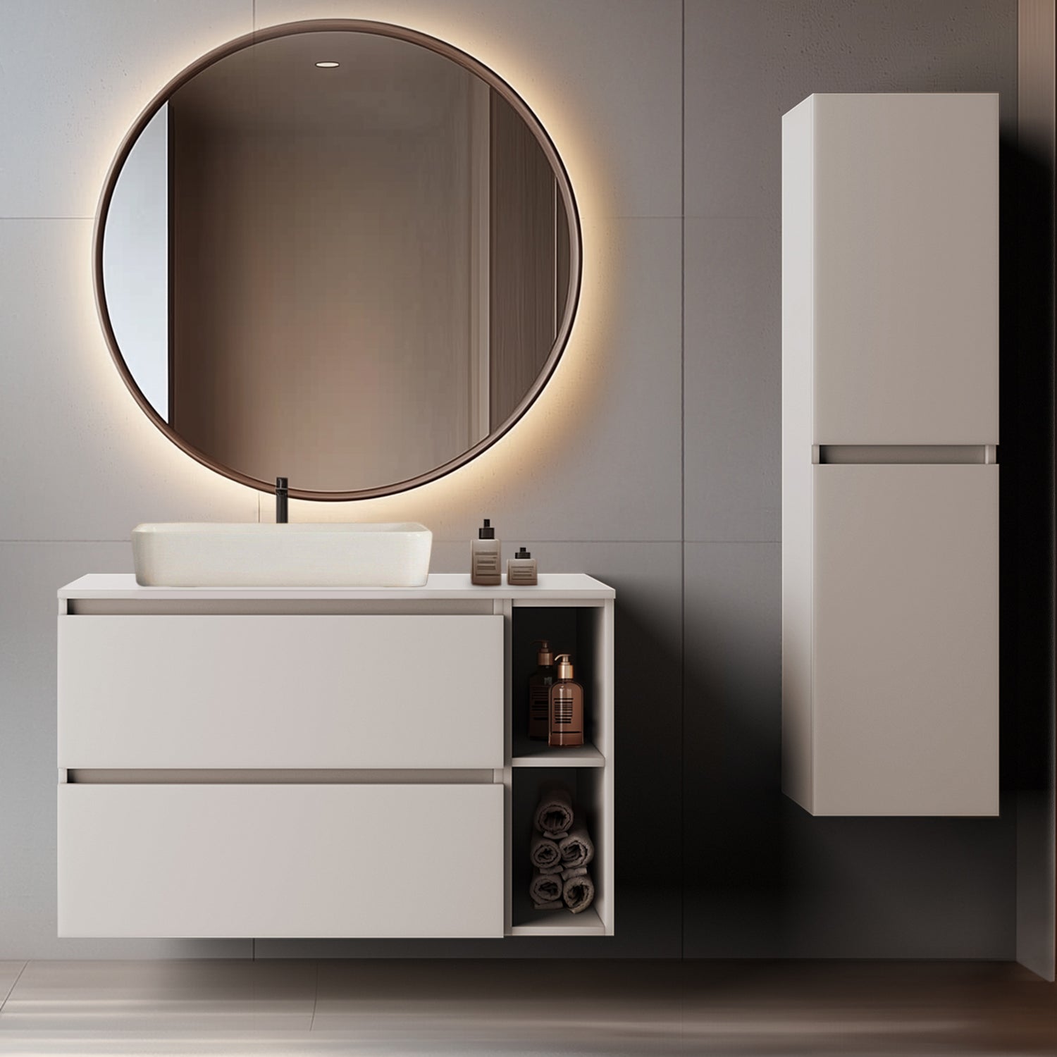 Simple Minimalist Bathroom Vanity Cabinets Set 100cm with Tall Unit & Worktop Basin - Cashmere