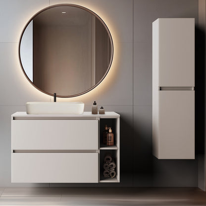 Simple Minimalist Bathroom Vanity Cabinets Set 100cm with Tall Unit & Worktop Basin - Cashmere