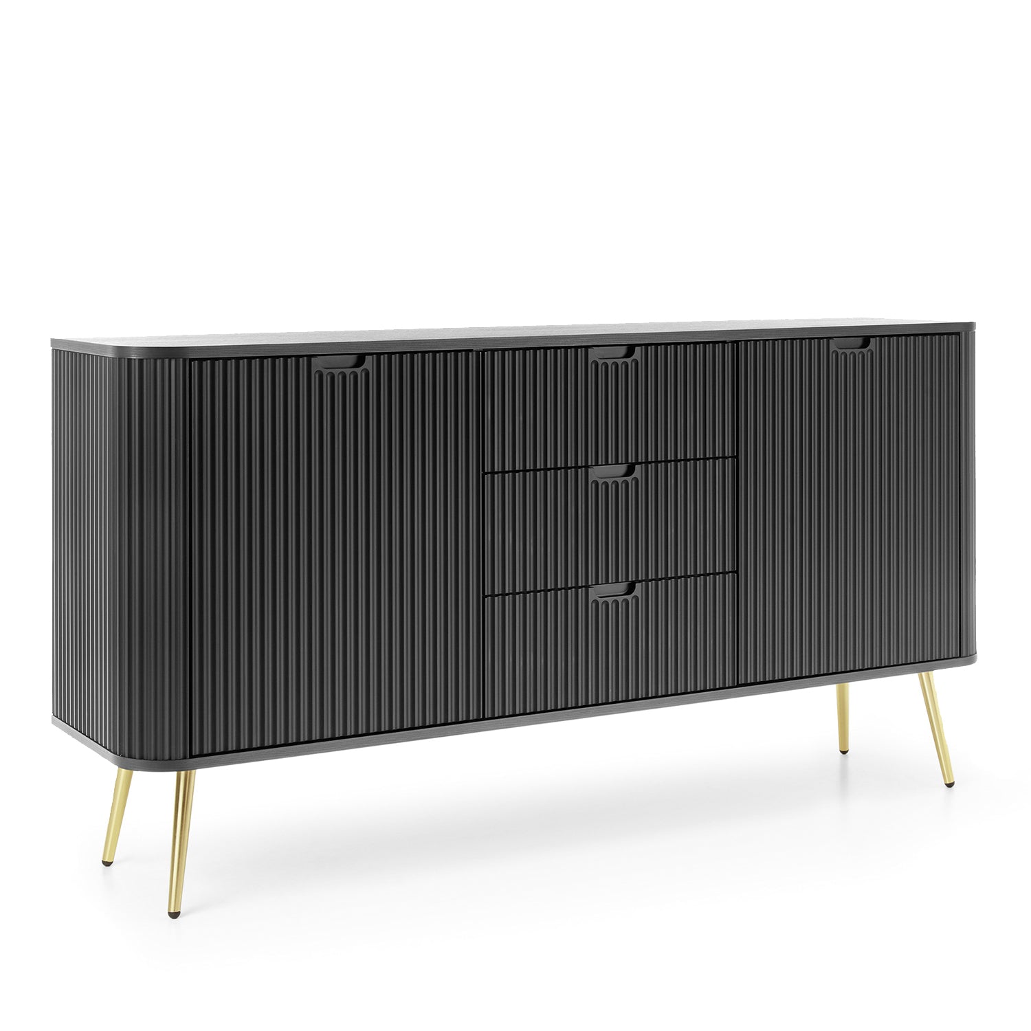 Signe Ribbed Elegant Sideboard - Black / Gold Legs