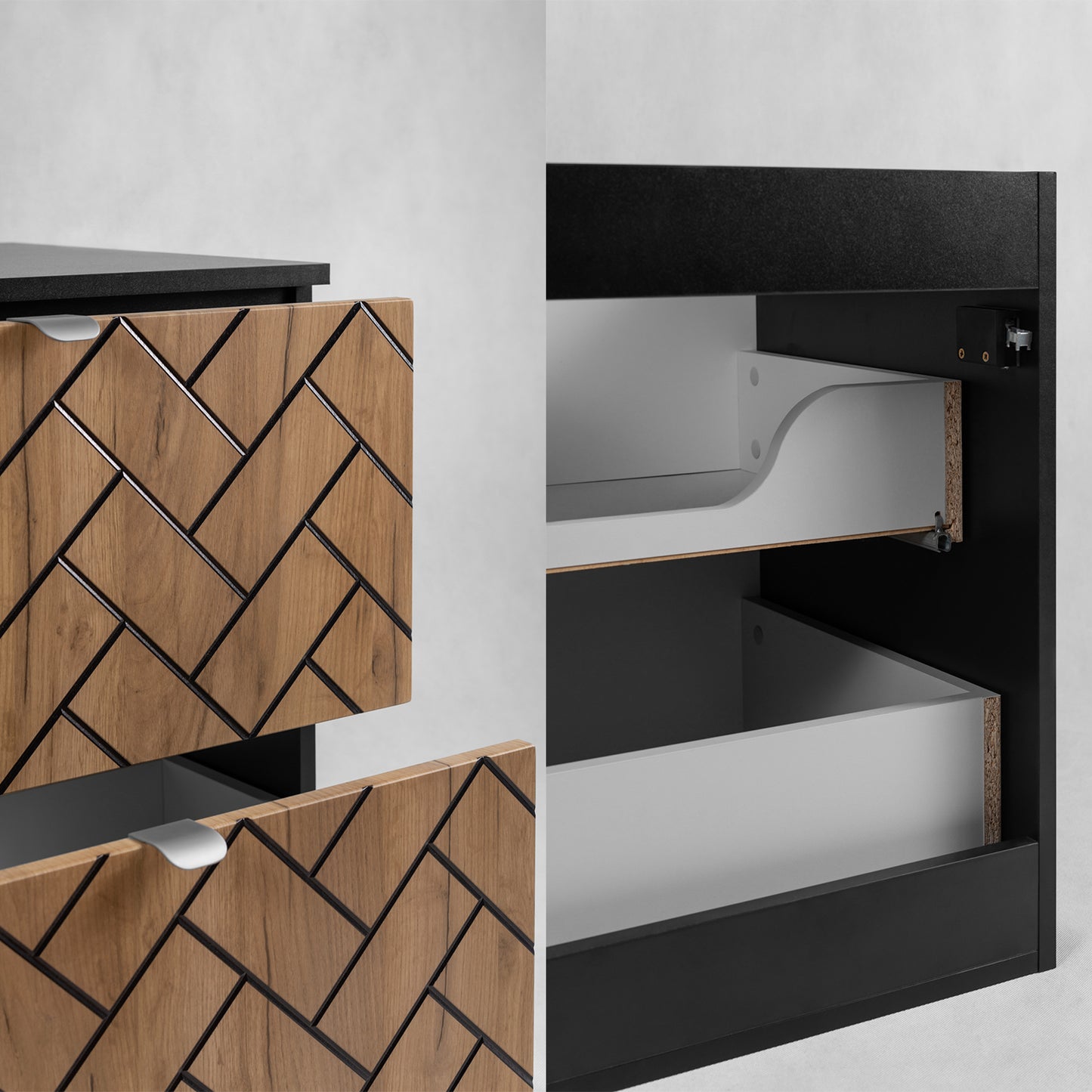 Trend Herringbone Pattern Door Bathroom Cabines Vanity Units Set with Worktop 60cm & 35cm - Gold Craft Oak / Black
