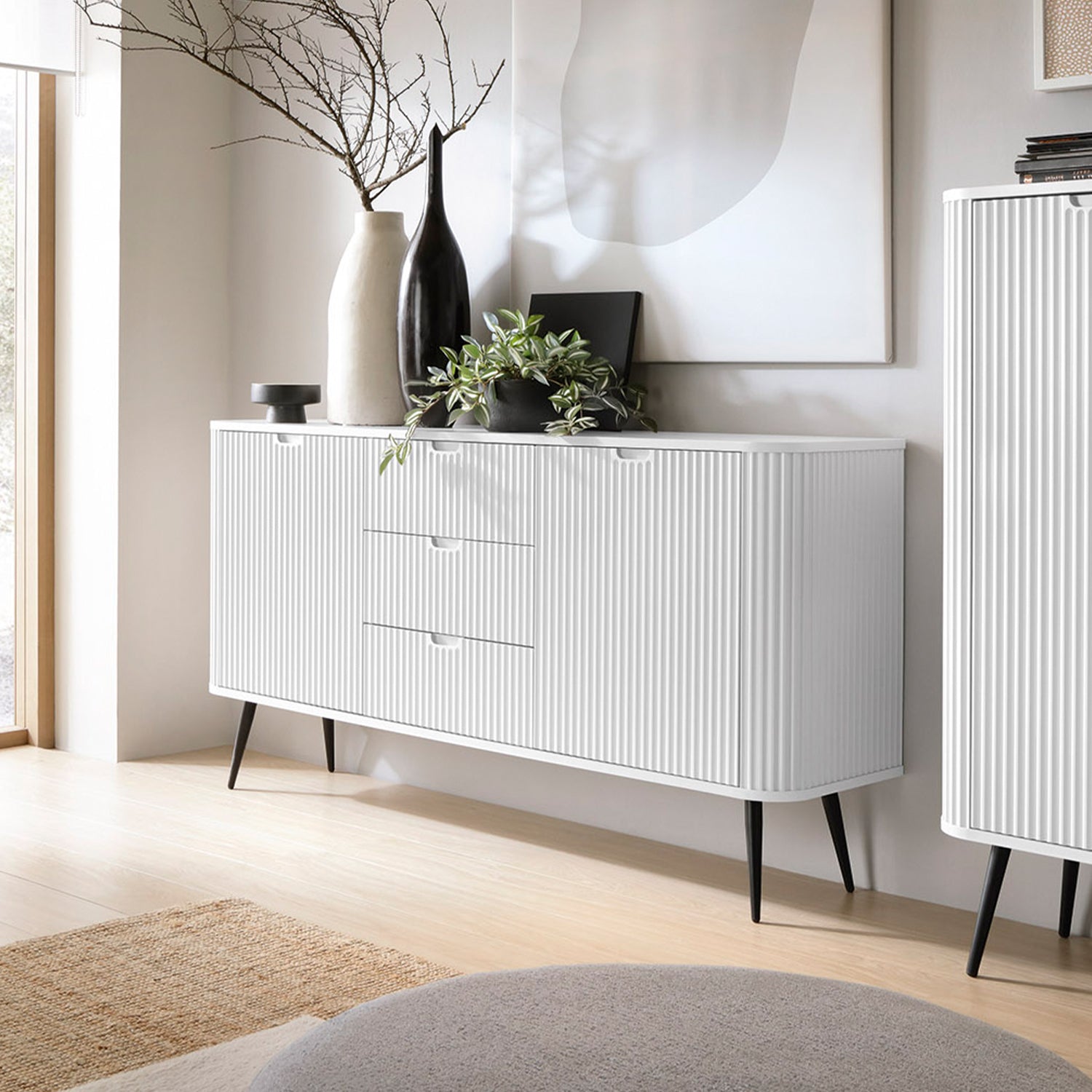 Signe Ribbed Elegant Sideboard - Cashmere / Gold LegsRibbed Elegant Sideboard - White / Black Legs