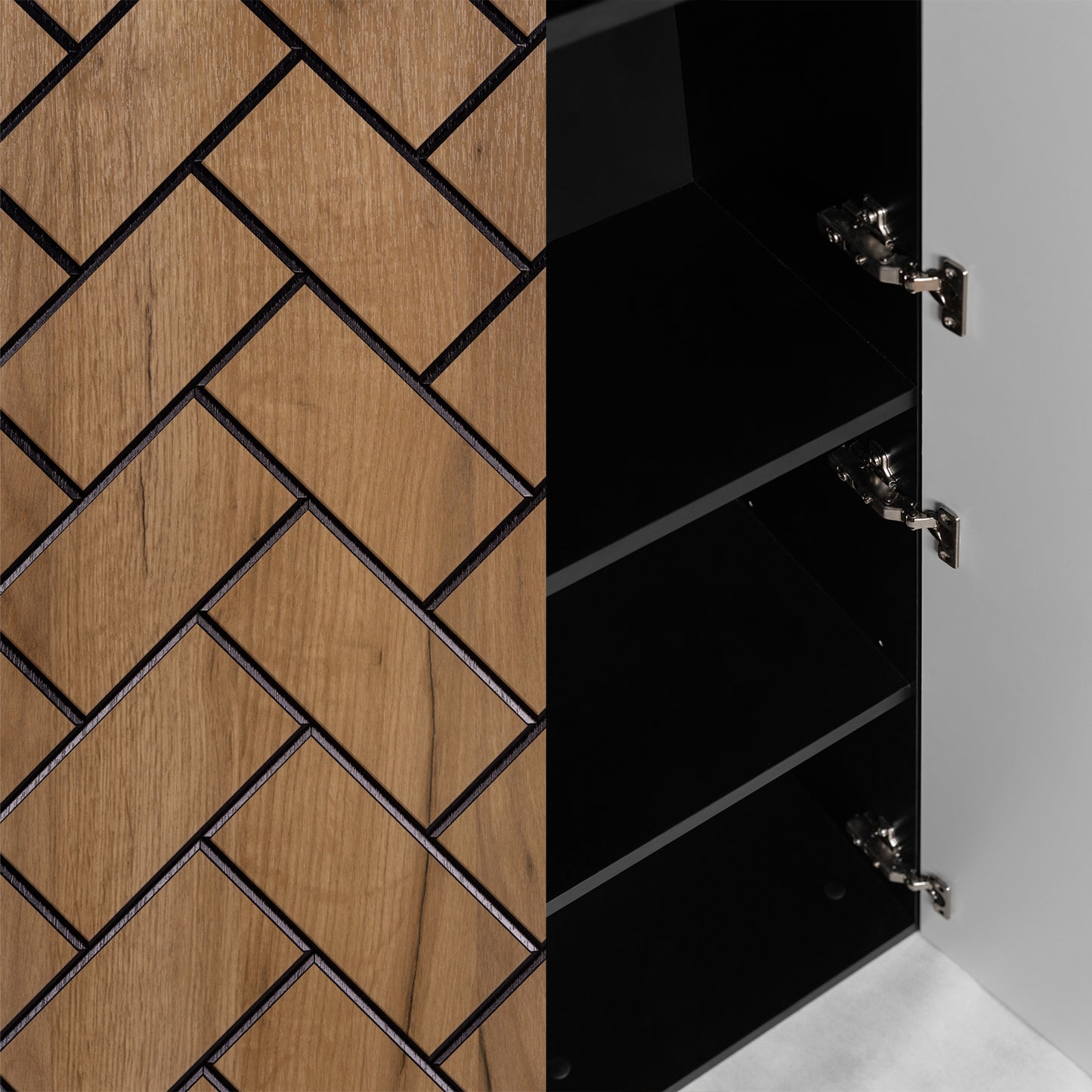 Trend Herringbone Pattern Door Bathroom Cabines Vanity Units Set with Worktop 60cm & 35cm - Gold Craft Oak / Black
