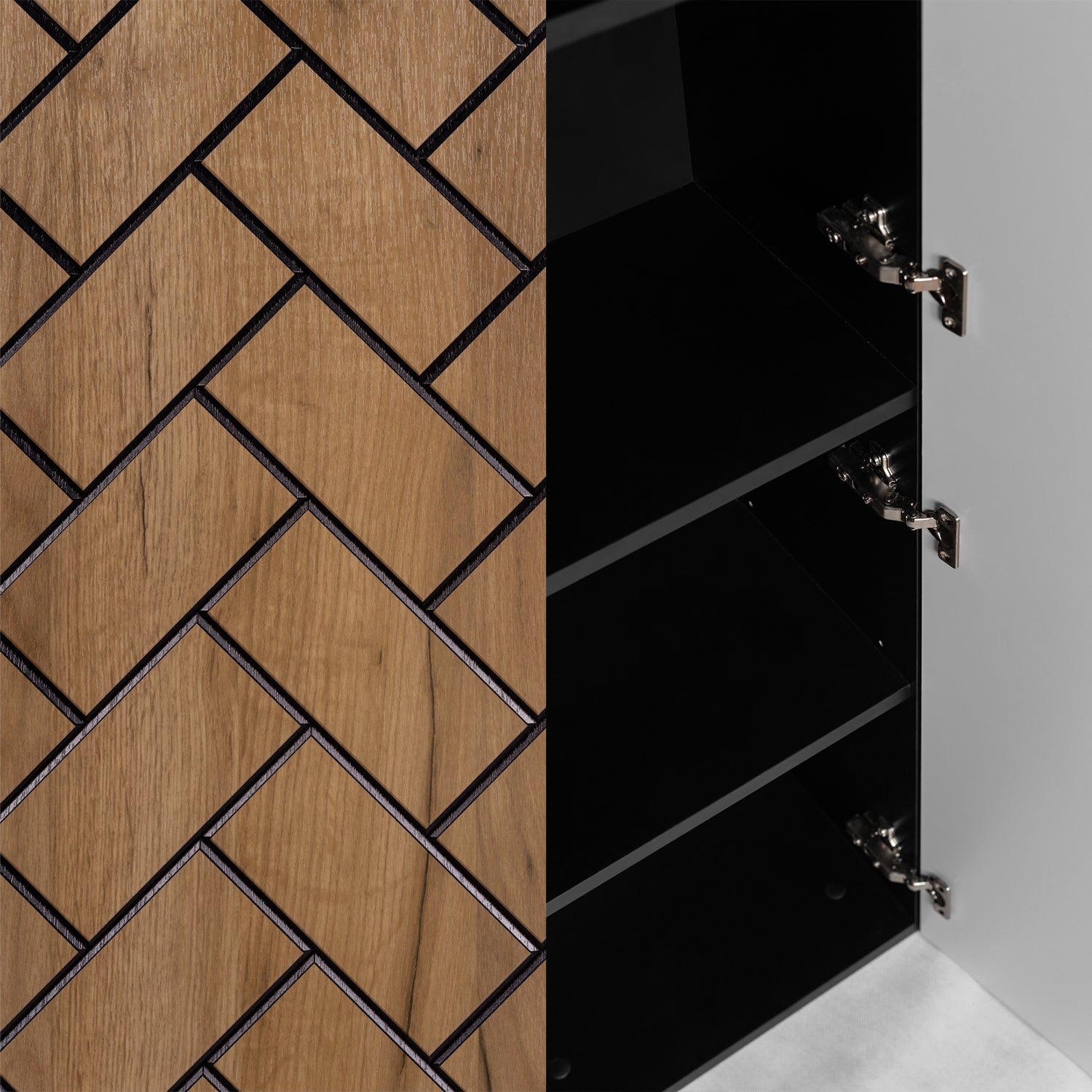 Trend Herringbone Pattern Door Bathroom Cabines Vanity Units Set with Worktop 60cm & 35cm - Gold Craft Oak / Black