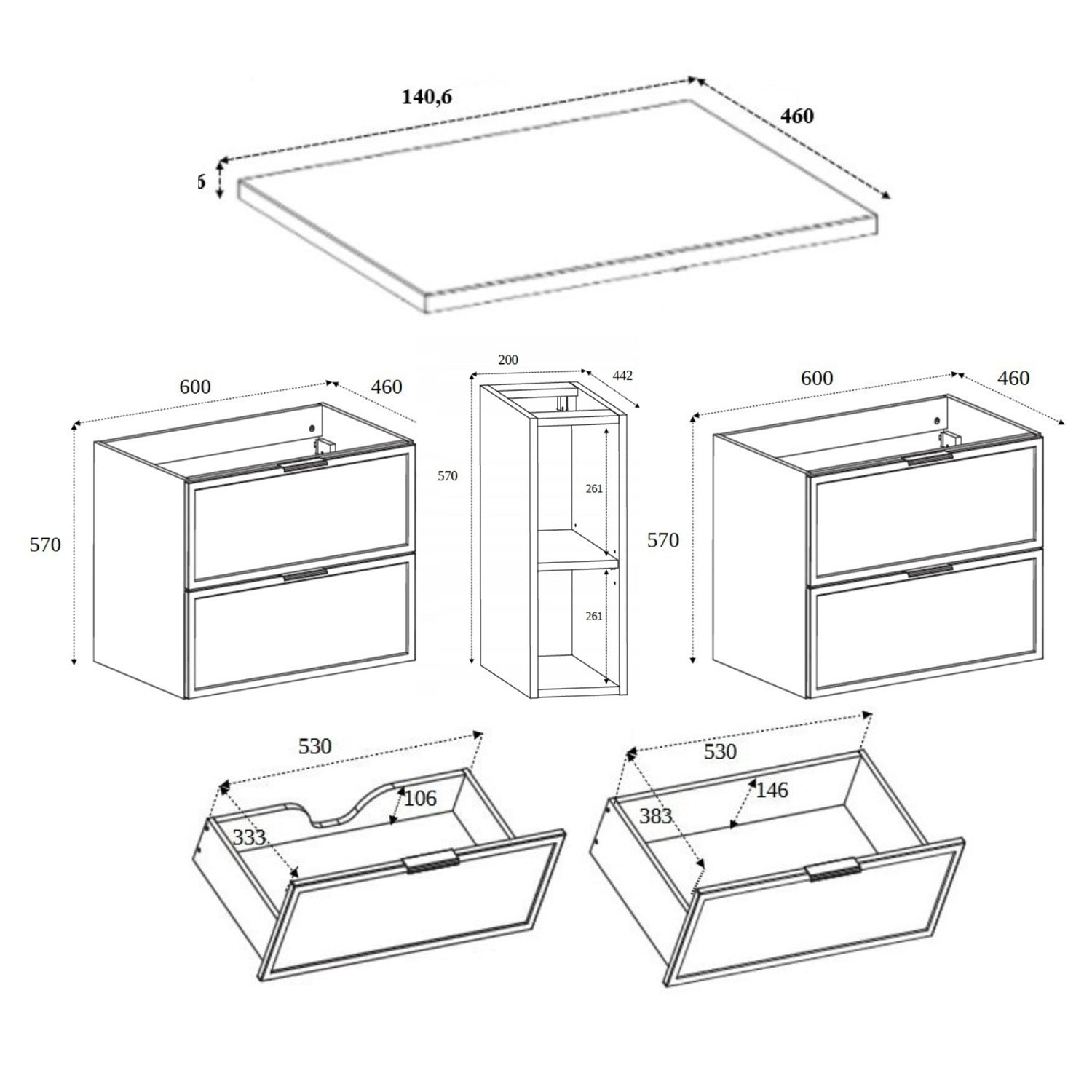 Simple Modern 2 Cabinets Set Vanity Unit 140cm with Worktop & Tall Cabinet 136cm - Anthracite
