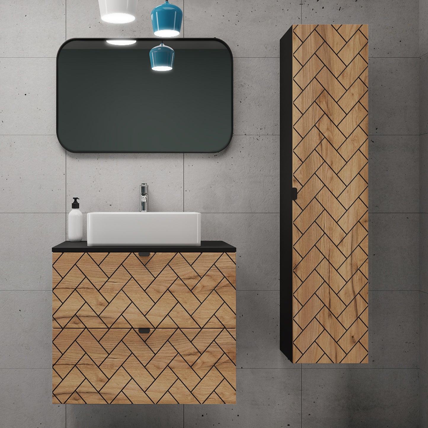 Trend Herringbone Pattern Door Bathroom Cabines Vanity Units Set with Worktop 60cm & 35cm - Gold Craft Oak / Black