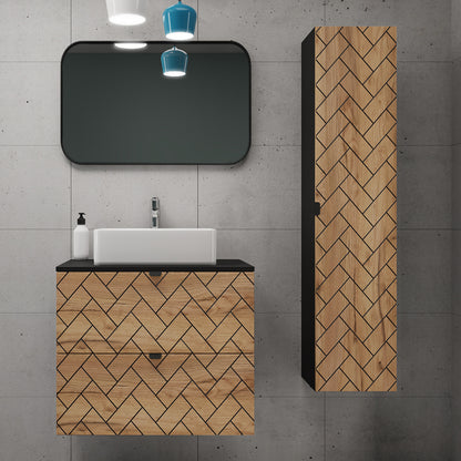 Trend Herringbone Pattern Door Bathroom Cabines Vanity Units Set with Worktop 60cm & 35cm - Gold Craft Oak / Black