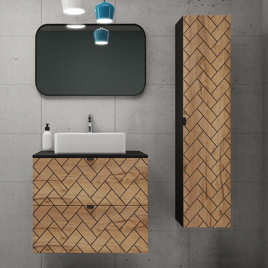 Trend Herringbone Pattern Door Bathroom Cabines Vanity Units Set with Worktop 60cm & 35cm - Gold Craft Oak / Black