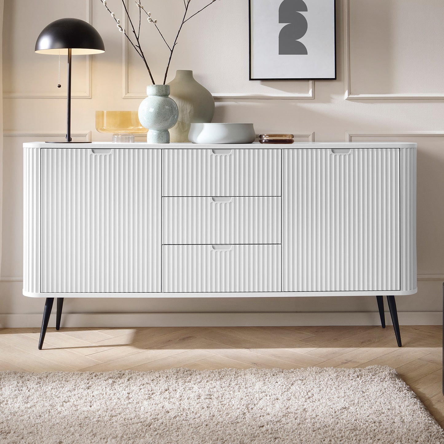 Signe Ribbed Elegant Sideboard - Cashmere / Gold LegsRibbed Elegant Sideboard - White / Black Legs