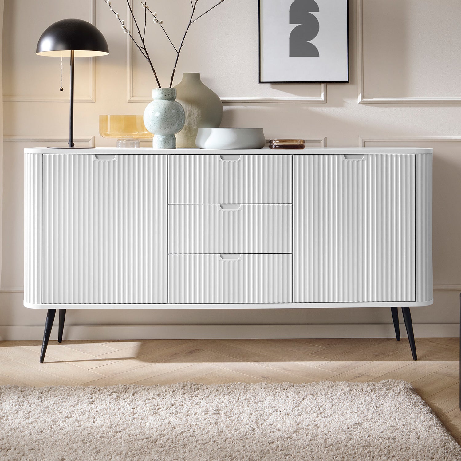 Signe Ribbed Elegant Sideboard - Cashmere / Gold LegsRibbed Elegant Sideboard - White / Black Legs
