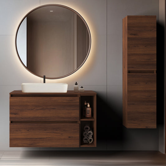 Simple Minimalist Bathroom Vanity Cabinets Set 100cm with Tall Unit & Worktop Basin - Walnut