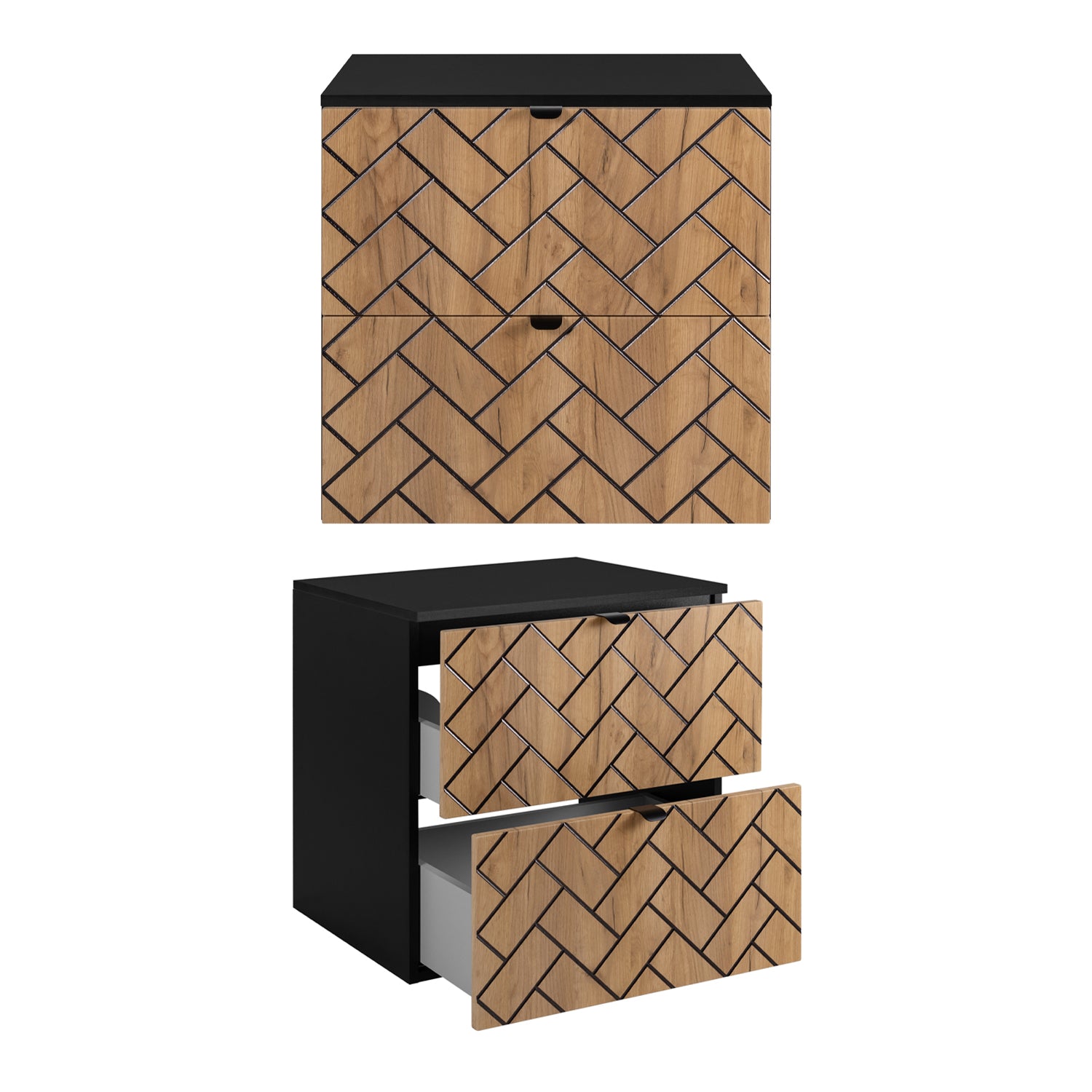 Trend Herringbone Pattern Door Bathroom Cabines Vanity Units Set with Worktop 60cm & 35cm - Gold Craft Oak / Black