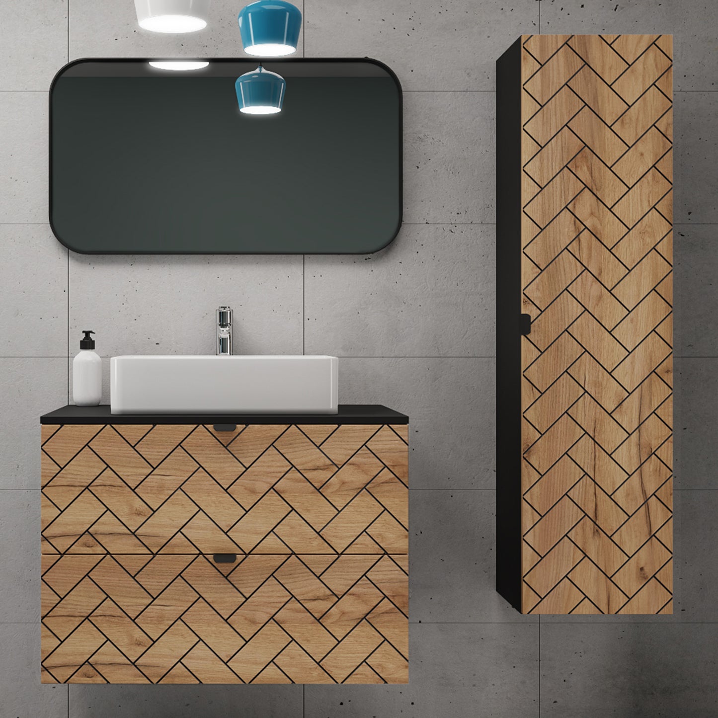 Trend Herringbone Pattern Door Bathroom Cabines Vanity Units Set with Worktop 80cm & 35cm - Gold Craft Oak / Black