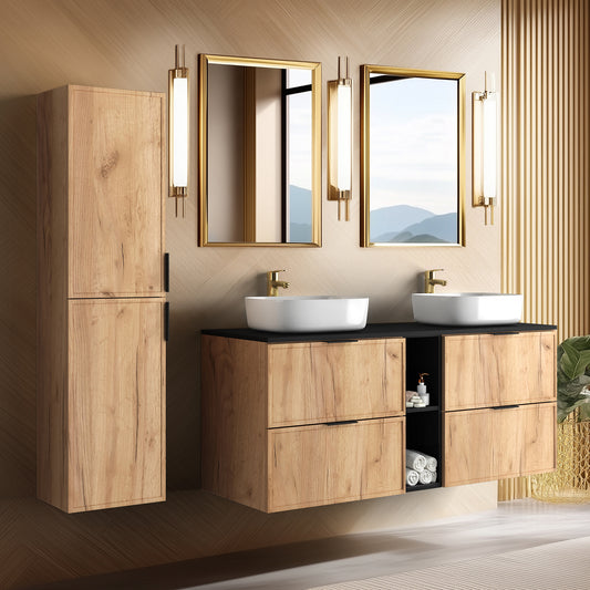 Simple Modern 2 Cabinets Set Vanity Unit 140cm with Worktop & Tall Cabinet 136cm - Gold Craft Oak