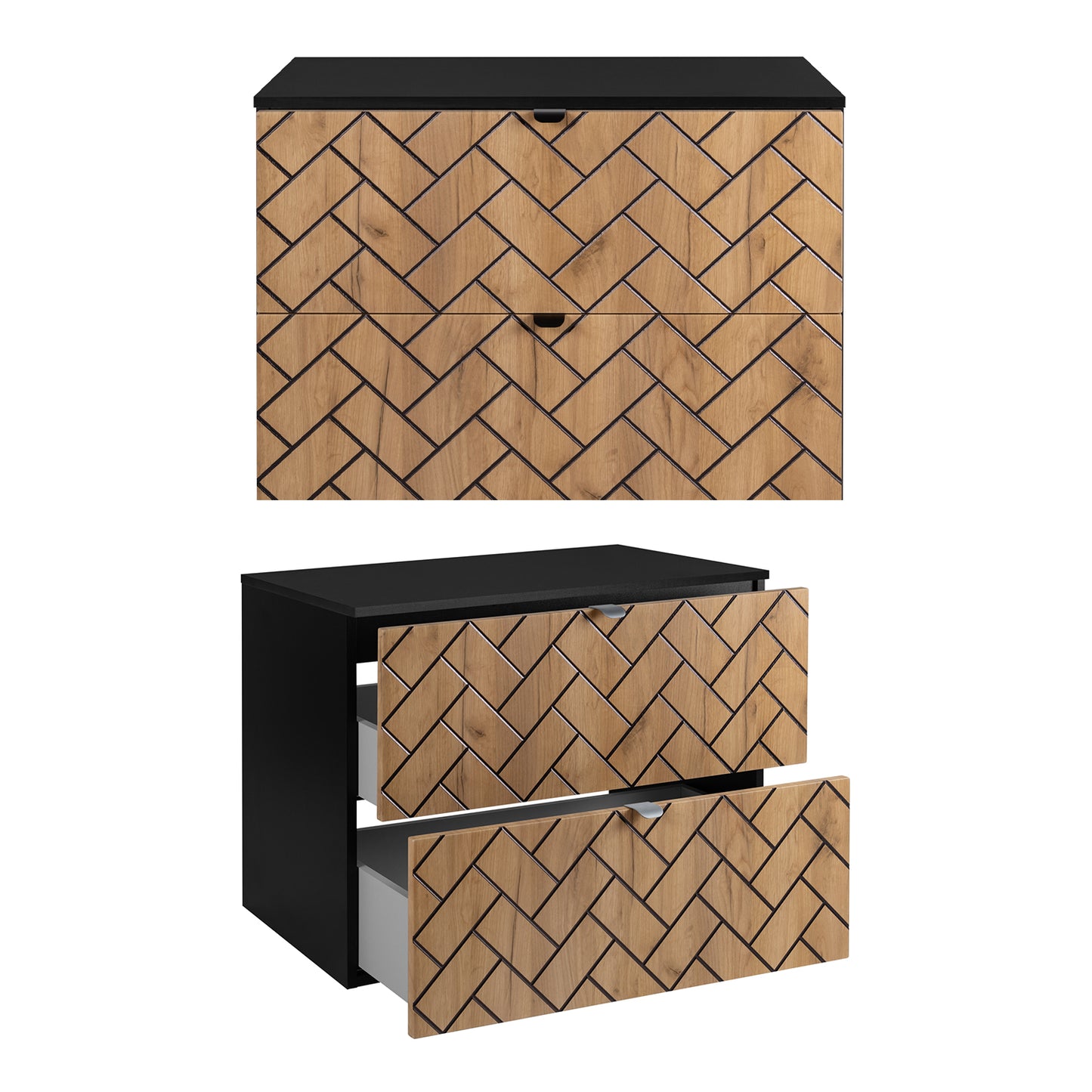 Trend Herringbone Pattern Door Bathroom Cabines Vanity Units Set with Worktop 80cm & 35cm - Gold Craft Oak / Black