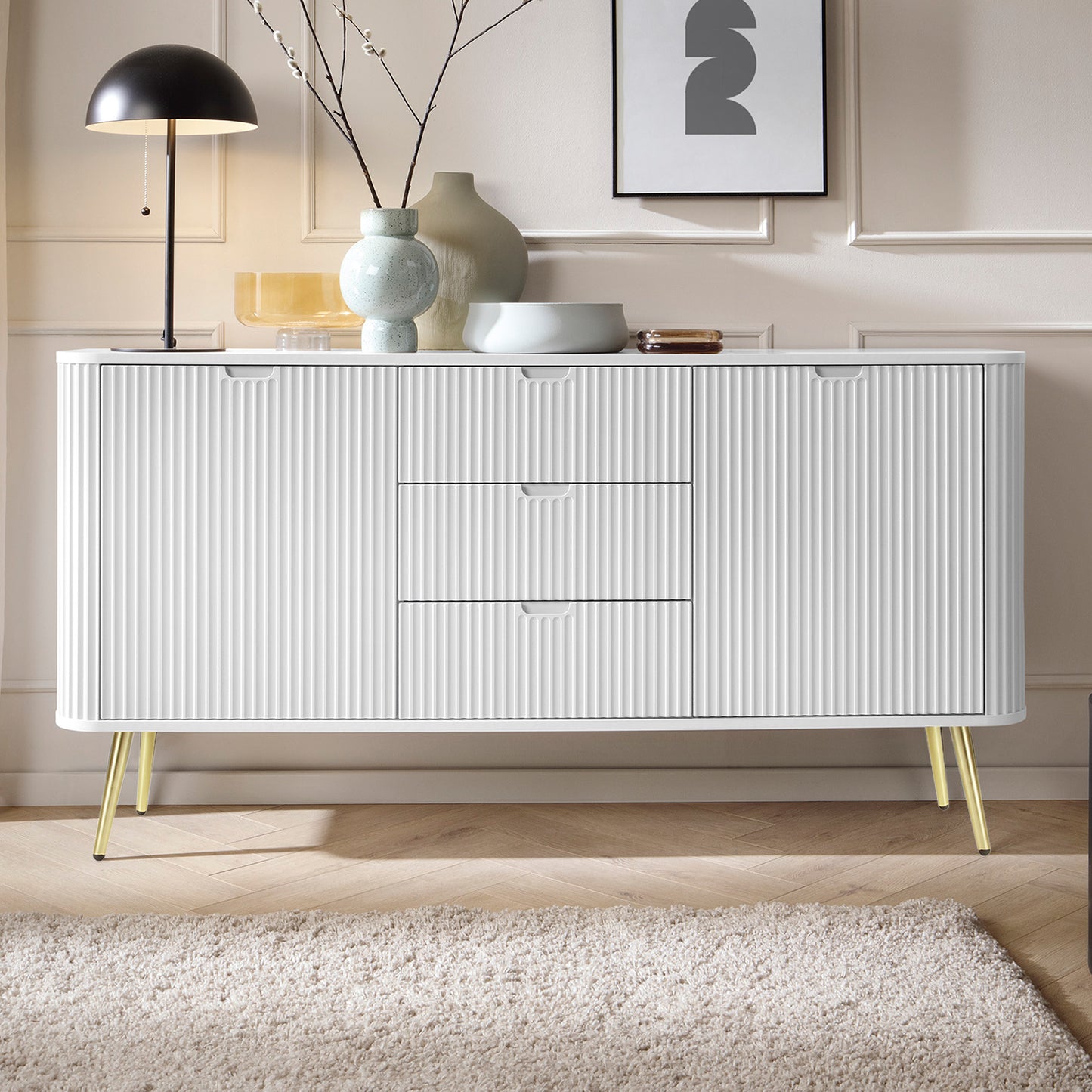 Signe Ribbed Elegant Sideboard - White / Gold Legs