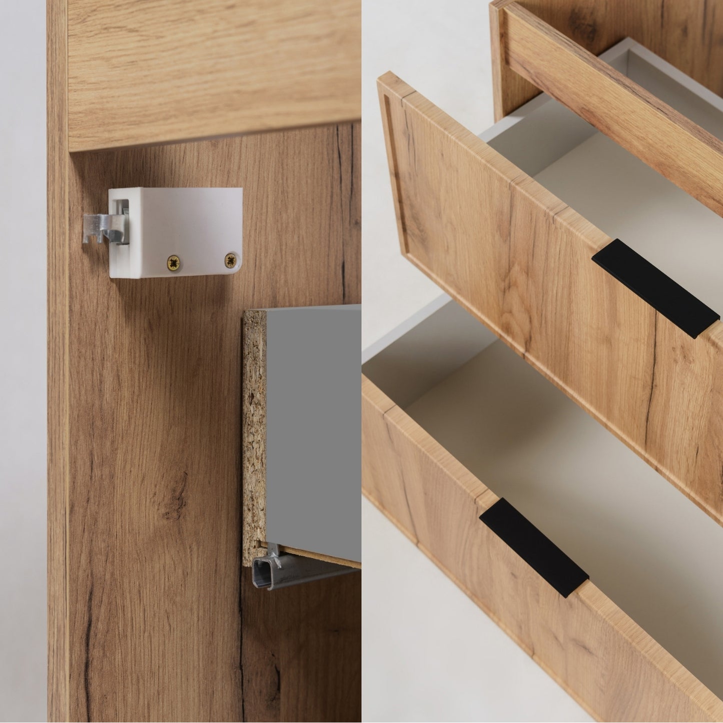 Simple Modern 2 Cabinets Set Vanity Unit 140cm with Worktop & Tall Cabinet 136cm - Gold Craft Oak