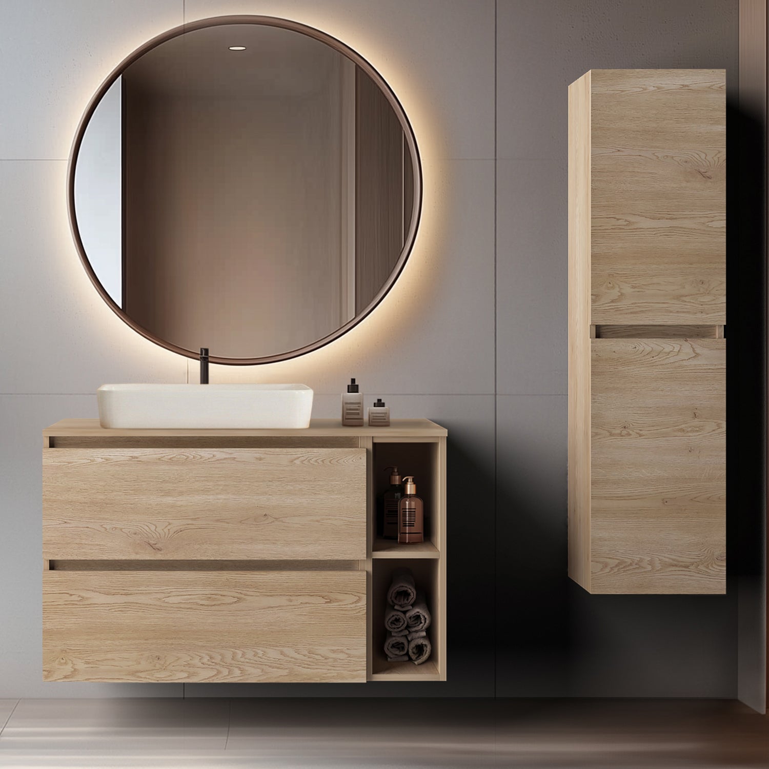 Simple Minimalist Bathroom Vanity Cabinets Set 100cm with Tall Unit & Worktop Basin - Light Oak