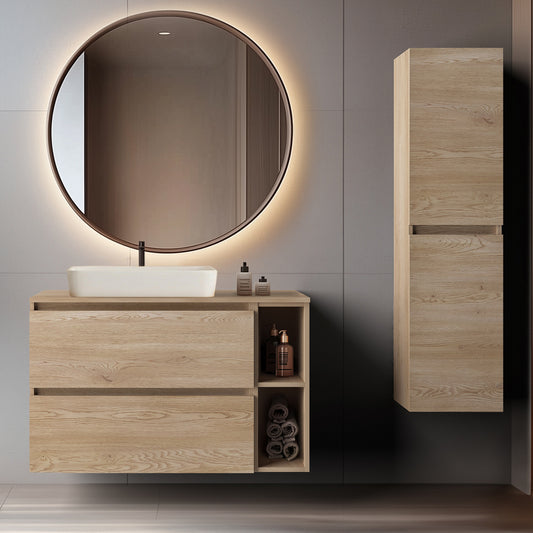 Simple Minimalist Bathroom Vanity Cabinets Set 100cm with Tall Unit & Worktop Basin - Light Oak