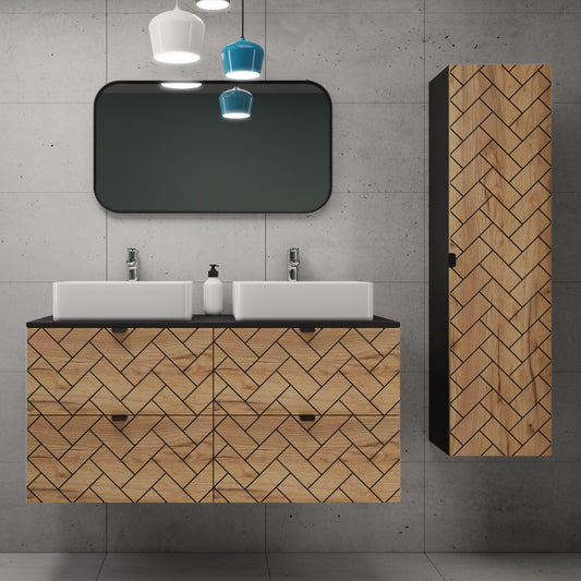 Trend Herringbone Pattern Door Bathroom Cabines Vanity Units Set with Worktop 120cm & 35cm - Gold Craft Oak / Black