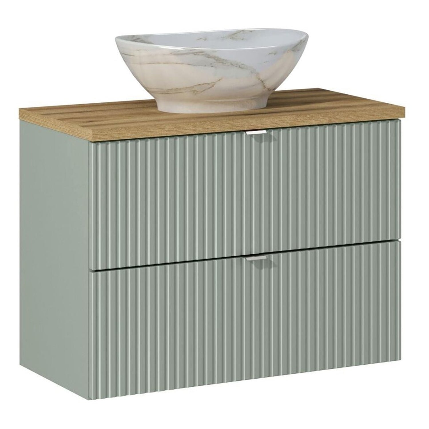 Line Reed Bathroom Wall Mounted 60cm Vanity Unit Set with Tall Cabinet and Worktop Basin - Sage / Oak