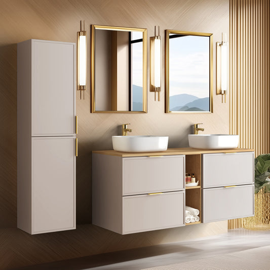 Simple Modern 2 Cabinets Set Vanity Unit 140cm with Worktop & Tall Cabinet 136cm - Cashmere