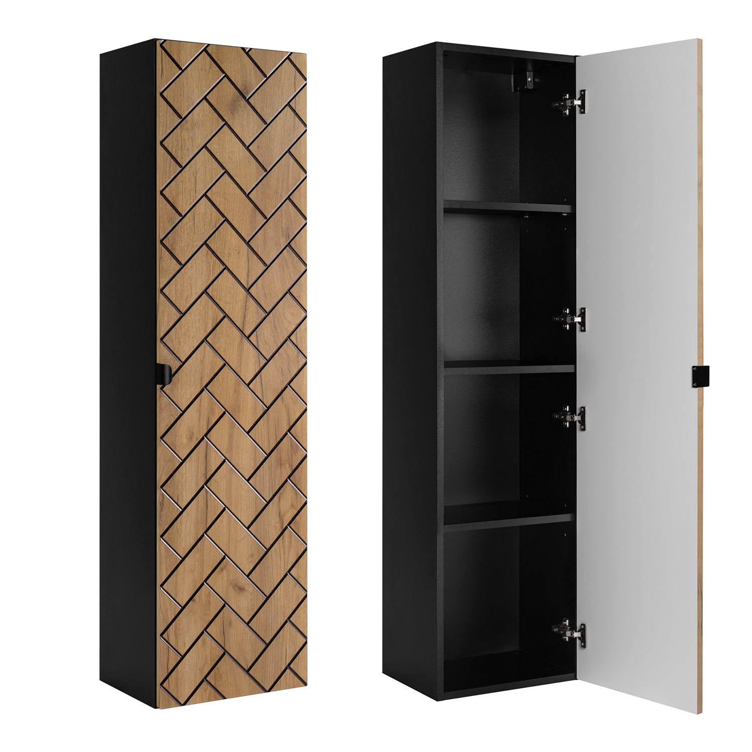 Trend Herringbone Pattern Door Bathroom Cabines Vanity Units Set with Worktop 120cm & 35cm - Gold Craft Oak / Black