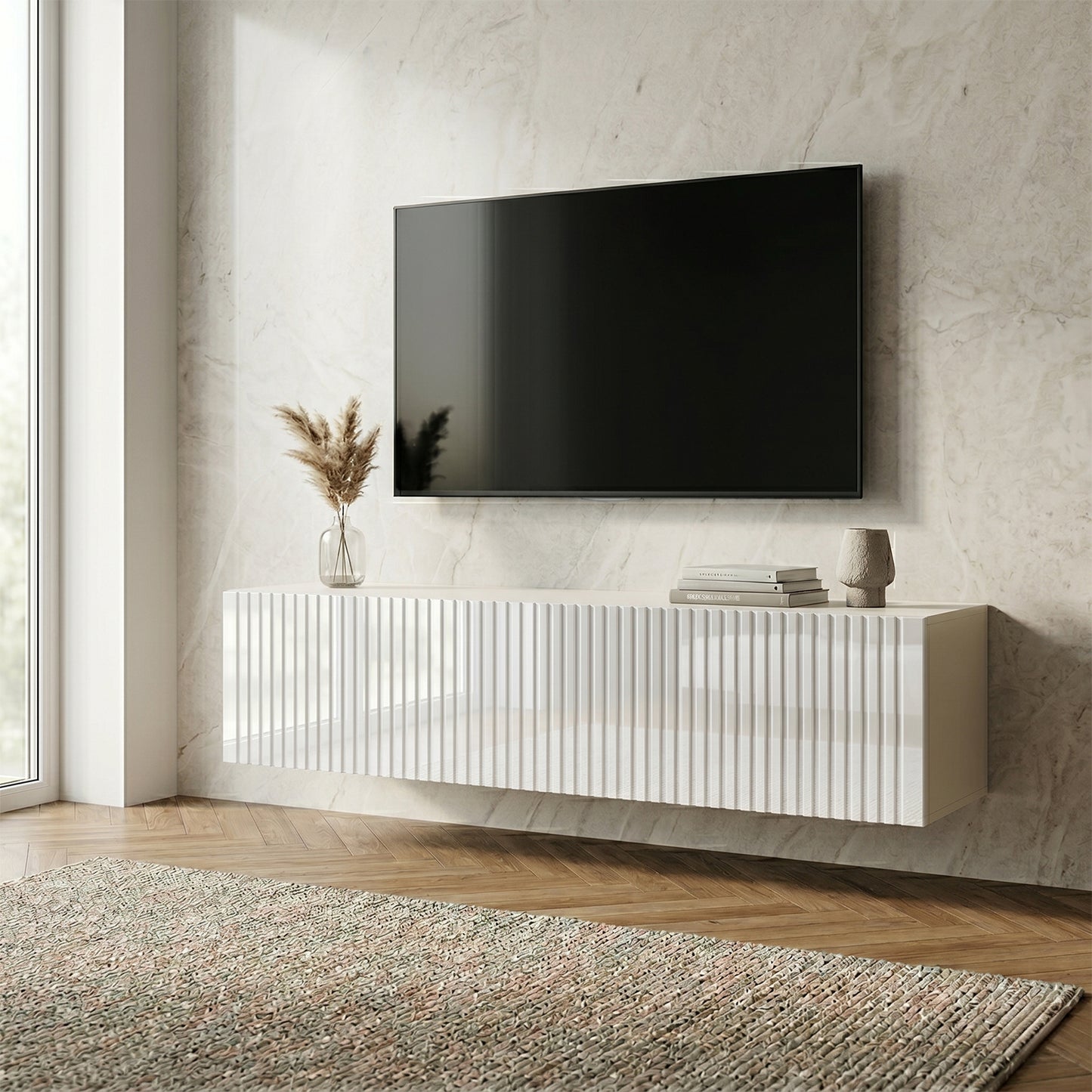 Joyce Wall Mounted TV Unit Modern Fluted Gloss Finish 150cm - White Gloss