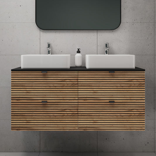 Loft Modern Style Ribbed Door 120cm Bathroom Cabinet Vanity Unit with Worktop - Gold Craft Oak