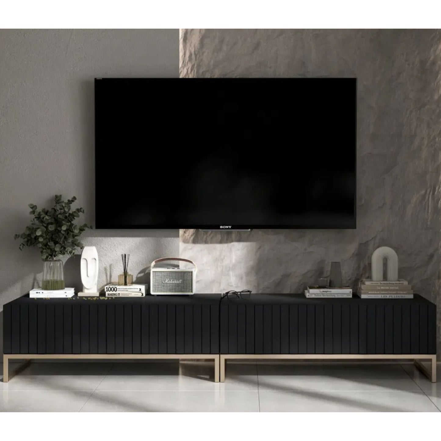 Elpis Glamour TV Sideboard 220 cm TV Unit - Black Matt / Golden Frame