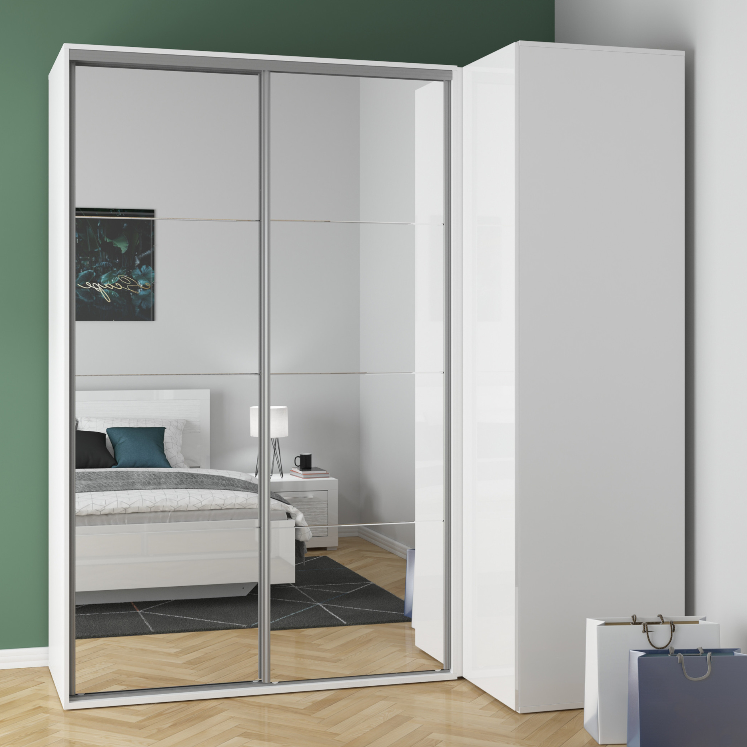 Flexi Mirror Glass Corner Wardrobe - White